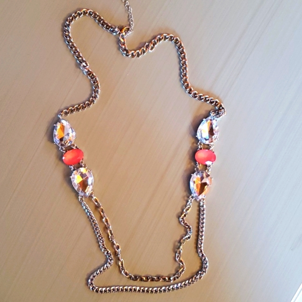 Unique Silver & Peach Rhinestone Chain Silver Tone Necklace
